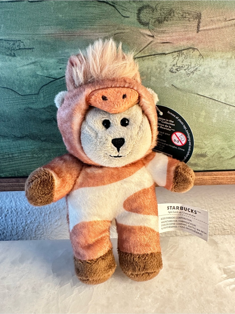 Starbucks Plush Bear in Light Brown & White Horse costume.